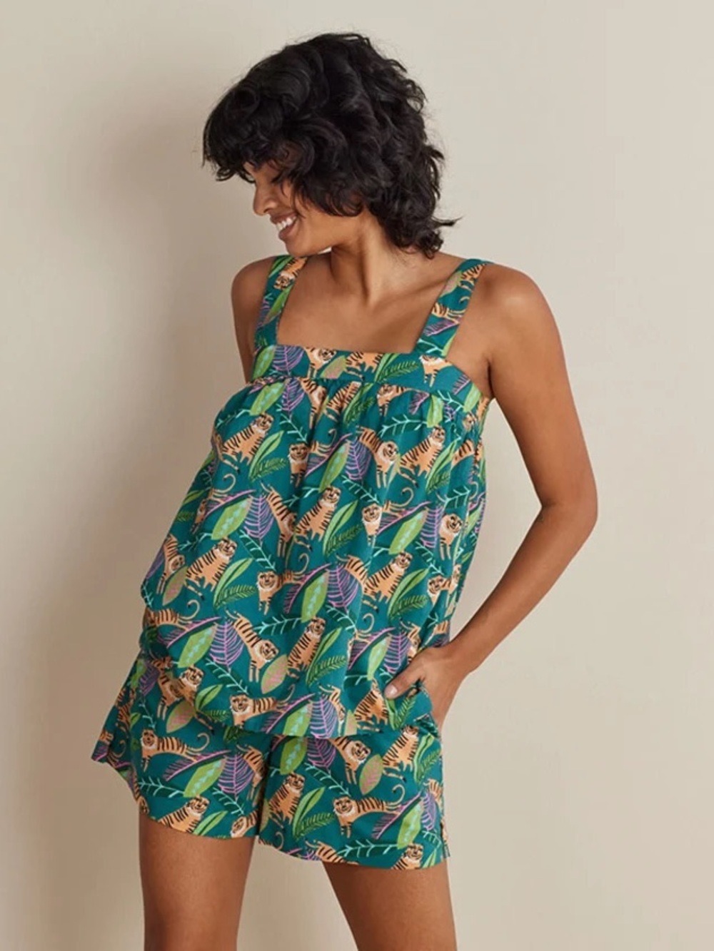 NEW The Company Store Cotton Babydoll Pajama Shorts Set Tiger Jungle Print Large